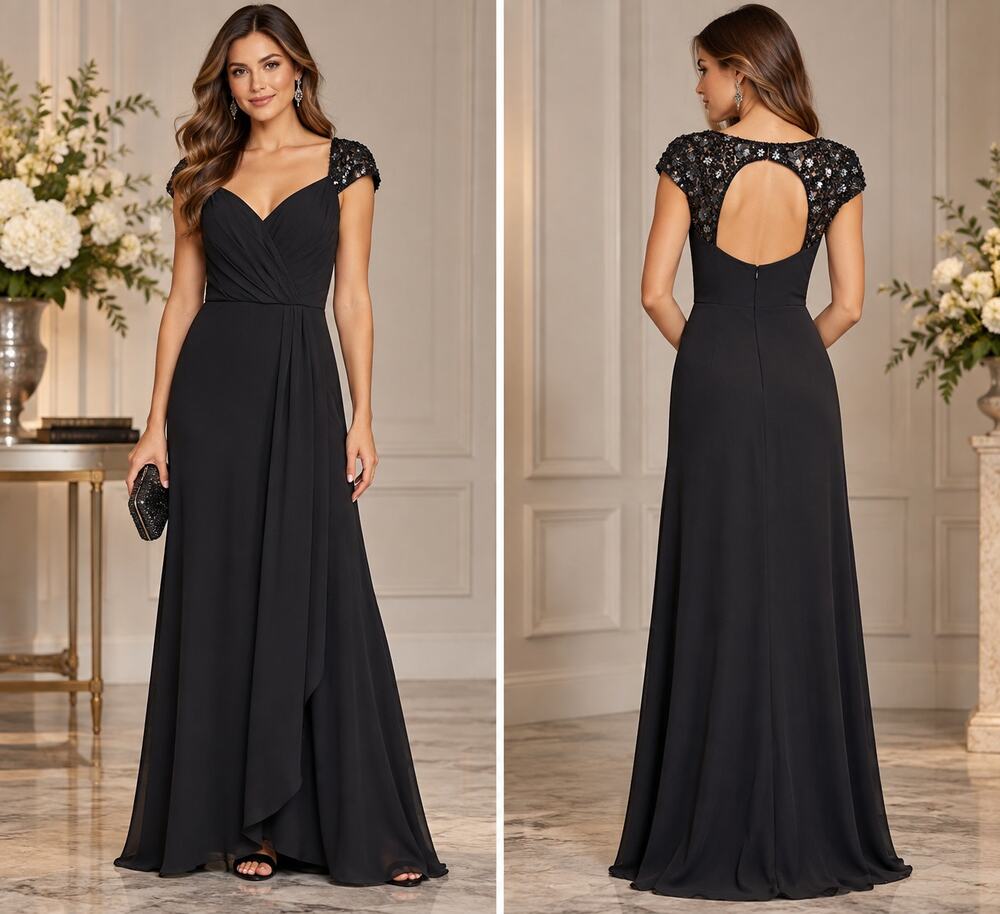 NWT Adrianna Papell Bead Yoke Chiffon Maxi Dress Mermaid Gown SZ 12 Formal Black